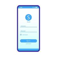 sociale media inloggen smartphone pagina vector sjabloon. lay-out van het ontwerp van de mobiele app-interface. messenger login, aanmeldscherm. platte ui-applicatie. Gebruikersregistratie. telefoondisplay met wachtwoord, gebruikersnaam