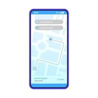 gps-navigatie app interface vector sjabloon. lay-out van het ontwerp van de mobiele applicatiepagina. rijrichting. scherm voor het zoeken naar routes. platte ui. kies bestemming.telefoonweergave met digitale kaart en pinpoints