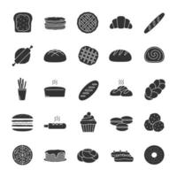 bakkerij glyph pictogrammen instellen. gebakje. banketbakkerij. brood, broodjes, koekjes, macaron, pannenkoeken. silhouet symbolen. vector geïsoleerde illustratie