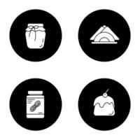 condectionery glyph pictogrammen instellen. koffiehuis menu. aardbeienjam, servetten, pindakaas, pudding. vector witte silhouetten illustraties in zwarte cirkels