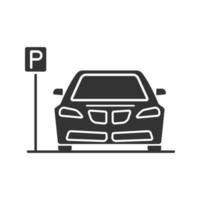 parkeerzone glyph-pictogram. auto met p verkeersbord. silhouet symbool. negatieve ruimte. vector geïsoleerde illustratie