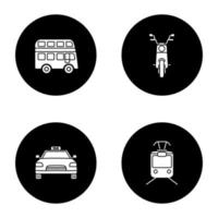 openbaar vervoer glyph pictogrammen instellen. soorten transport. dubbeldekker bus, scooter, taxi, tram. vector witte silhouetten illustraties in zwarte cirkels