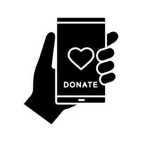 smartphone donatie app glyph icoon. silhouet symbool. digitale liefdadigheid. online fondsenwerving. het maken van donatie met behulp van mobiele telefoon. negatieve ruimte. vector geïsoleerde illustratie