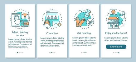 schoonmaakservice boeking onboarding mobiele app paginascherm, lineaire concepten. schoonmaak bedrijf. fonkelen naar huis. vier doorloopstappen grafische instructies. ux, ui, gui vectorsjabloon met illustraties vector