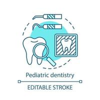 pediatrische tandheelkunde concept icoon. kinderen tandarts, orthodont. preventie van cariës. tandheelkundige apparaten. kinderen tandheelkundige zorg idee dunne lijn illustratie. vector geïsoleerde overzichtstekening. bewerkbare streek