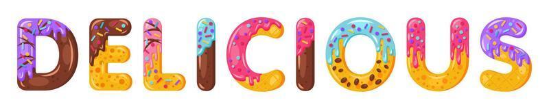 donut cartoon heerlijke biscuit vet lettertypestijl. geglazuurde hoofdletters. verleidelijke platte ontwerptypografie. koekjes, chocoladeletters. witte achtergrond. gebak, bakkerij, wafel geïsoleerde vector clipart