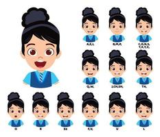 achtergrond kind schoolmeisje karakter staande tas en met mond animatiepakket met lipsynchronisatie set voor animatie en geluidsuitspraak geïsoleerd vector