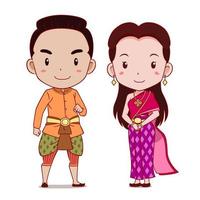 schattig paar stripfiguren in Thaise traditionele klederdracht. vector