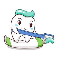 cartoon afbeelding van tand met tandenborstel en knijpen in de tandpasta. vector