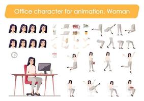 zakenvrouw vooraanzicht geanimeerde platte vector Characterdesign. office manager karakter animatie creatie tekenfilm set. werkgeversconstructeur met verschillende gezichtsemoties, lichaamshoudingen, gebaren, benenkit