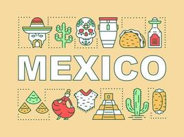 mexico woord concepten banner. Mexicaans eten, muziek, kleding, attracties, vakanties. presentatie, website. geïsoleerde belettering typografie idee met lineaire pictogrammen. vector overzicht illustratie