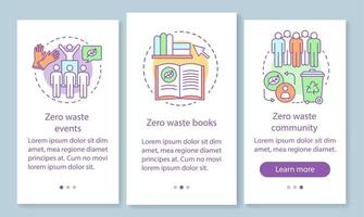 zero waste onderwijs onboarding mobiele app paginascherm met lineaire concepten. eco-vriendelijke levensstijl walkthrough stappen grafische instructies. ux, ui, gui vectorsjabloon met illustraties vector