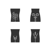 zieke menselijke organen glyph pictogrammen instellen. pijnlijke darmen, urineblaas. ongezonde vrouwen en mannen reproductieve systemen. onvruchtbaarheid. zieke interne lichaamsdelen. silhouet symbool. vector geïsoleerde illustratie