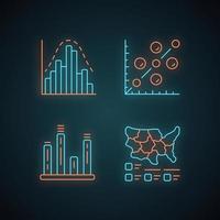 diagrammen neonlicht pictogrammen instellen. histogram, staafdiagram, spreidingsplot, cartogram. statistieken data visualisatie. vergelijkingen tussen afzonderlijke categorieën. gloeiende borden. geïsoleerde vectorillustraties vector