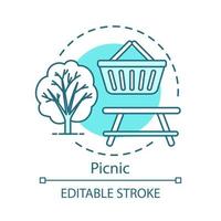 picknick concept icoon. gezinsactiviteiten met kinderen idee dunne lijn illustratie. lunch in de natuur met briljant eten. buiten eten. vector geïsoleerde overzichtstekening. bewerkbare streek