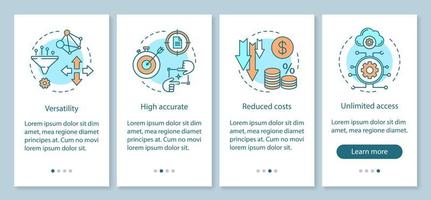 voordeel en voordeel onboarding paginascherm voor mobiele apps met lineaire concepten. veelzijdigheid, nauwkeurige, open access walkthrough stappen grafische instructies. ux, ui, gui vectorsjabloon met pictogrammen vector