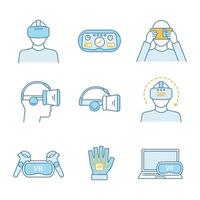 virtuele realiteit gekleurde pictogrammen instellen. vr-gamespelers, headsets, controllers, hud, handschoen, computer, video. virtual reality-apparaten. geïsoleerde vectorillustraties vector