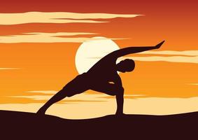 Indiase yogi voert yoga uit, een soort van ontspanning, rond met de natuur bij zonsondergang, silhouetontwerp vector