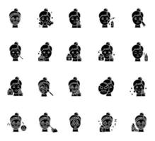 huidverzorging procedures glyph pictogrammen instellen. gezichts creme. vloeistof, blad, afpelmasker. schoonheidsproducten. nachtelijke routine. spot behandeling. vitamine c-serum. silhouet symbolen. vector geïsoleerde illustratie