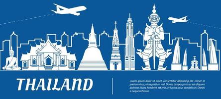 Thailand beroemde bezienswaardigheid silhouet met blauw en wit kleurontwerp vector