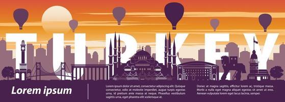 Turkije beroemde bezienswaardigheid silhouet stijl, tekst binnen, zonsondergang tijd, ballon boven vector