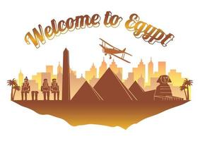 Egypte beroemde bezienswaardigheid silhouet stijl op float oranje en bruine kleur eiland land naam tekst, reizen en toerisme vector