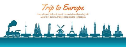 Europa landmark gedragen door de trein, concept art silhouet stijl, vector illustratie, groen blauw verloop