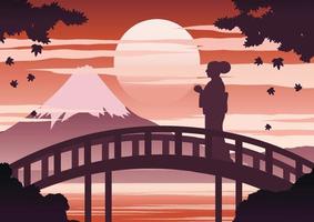 Japanse vrouw in kimono-jurk staat op de brug in de buurt van de berg bij zonsondergang terwijl esdoornbladeren vallen, silhouet licht en schaduw ontwerp, vintage kleur vector