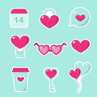 set valentijnsdag symbolen op turkooizen achtergrond. Valentijnsdag roze plat pictogrammen - stickers. symbolen van liefde - hart, valentijn, sleutel, slot, bericht, bril, bel, elixer, envelop, ballonnen. vector