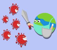 illustratie vectorontwerp van aarde met medisch masker en dragend zwaard en het schild voor het bestrijden van coronavirus? vector