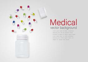 vector banner met 3D-realistische plastic fles en pillen ontwerpsjabloon, clipart, mockup. medische achtergrond.