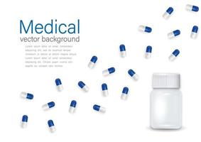 vector banner met 3D-realistische plastic fles en pillen ontwerpsjabloon, clipart, mockup. medische achtergrond geïsoleerd op een witte achtergrond.
