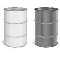 wit zwart 200 l metalen vat. container voor vloeibare chemische producten - olie, brandstof, benzine. fotorealistische verpakking vector mockup sjabloon met voorbeeldontwerp. vector 3d illustratie.