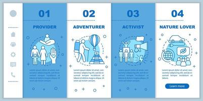 levensstijl typen onboarding mobiele webpagina's vector sjabloon. natuurliefhebber. responsief smartphone-website-interface-idee met lineaire illustraties. webpagina walkthrough stap schermen. kleur concept