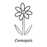 coreopsis lineaire pictogram. dunne lijn illustratie. rudbeckia tuinbloem met naaminschrijving. calliopsis plant bloeiwijze. bloeiend madeliefje, kamille wilde bloemen. vector geïsoleerde overzichtstekening