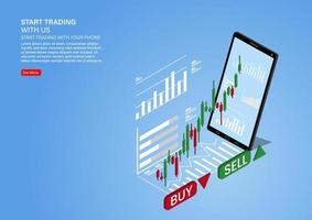 kandelaargrafiek van aandelenverkoop en -koop met behulp van mobiele telefoons, handel in marktinvesteringen, vectorillustratie vector