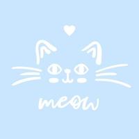 kat schattig gezicht miauw vectorillustratie doodle geïsoleerd op blauwe achtergrond met belettering miauw. kinderen baby kwekerij poster. vector
