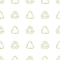 naadloos ecopatroon. drie pijlen eco recycle. hergebruik ornament doodle op witte achtergrond. groen plat vectorbehang. nul afval ecologie cirkel vector