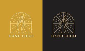 vector boho-logo, pictogrammen en symbolen van hand en zon. minimalistische luxe ontwerpsjabloon. voor cosmetica, schoonheid, tatoeage, spa, manicure, juwelier, spiritueel, meditatie