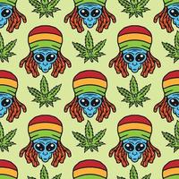 naadloos patroon van alien met reggae-attribuut in vintage stijl en cannabisblad vector