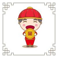 schattige chinese jongen met grote munt chibi stripfiguur. platte ontwerp illustratie vector