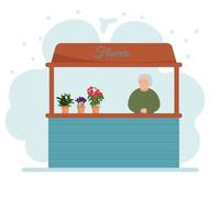 kraam tellers. voedselmarktteller met bloemen op planken. kiosk op witte achtergrond vector