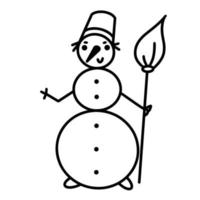 lachende sneeuwpop vector pictogram. handgetekende illustratie geïsoleerd op een witte achtergrond. eenvoudig grappig karakter in een hoed met een bezem. leuke cartoonschets. monochroom winterelement. een primitief begrip.