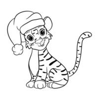 tijger in de rode kerstmuts. het symbool van het nieuwe jaar volgens de Chinese of oosterse kalender. schets om in te kleuren. bewerkbare vectorillustratie, cartoonstijl vector