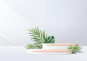 3d grijze achtergrond product display houten podium met blad geometrisch platform. grijze achtergrond vector 3d render met podium. houten standaard om cosmetisch product te tonen. podium showcase op voetstuk wit display