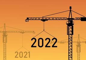het 2021 jaar vooruit naar 2022 jaar gelukkig nieuwjaar bouwplaats kraan vectorillustratie op zonsondergang achtergrond. het concept voor het nieuwe jaar 2022 en vision business vector