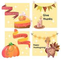 set met vier thanksgiving kaart vector