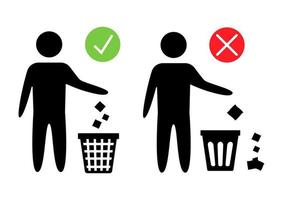 het schoon houden. verboden pictogram. pitch in zet afval op zijn plaats. netjes man of geen afval, symbolen, schoon houden en zorgvuldig en bedachtzaam weggooien vector