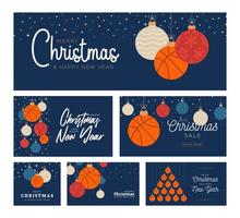 basketbal kerstkaartenset. merry christmas sport platte wenskaart. hang op een draad basketbal bal als een kerstbal en kleur bauble op blauwe achtergrond. sport vector illustratie collectie.