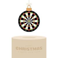 dart kerstbal sokkel. vrolijk kerstfeest sport wenskaart. hang op een draad dartbord als een kerstbal op gouden podium op zwarte achtergrond. sport vectorillustratie. vector